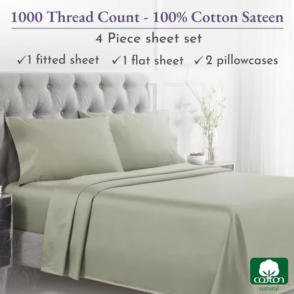 imageCalifornia Design Den 1000 Thread Count Cal King Cotton Sheets Set Winner Architectural Digest Best Sheet Luxury 100 Cotton Sateen Bed Sheets Softer Than Egyptian Cotton WhiteSage Green