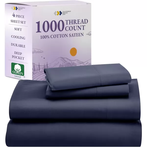 imageCalifornia Design Den 1000 Thread Count Cal King Cotton Sheets Set Winner Architectural Digest Best Sheet Luxury 100 Cotton Sateen Bed Sheets Softer Than Egyptian Cotton WhiteNavy Blue