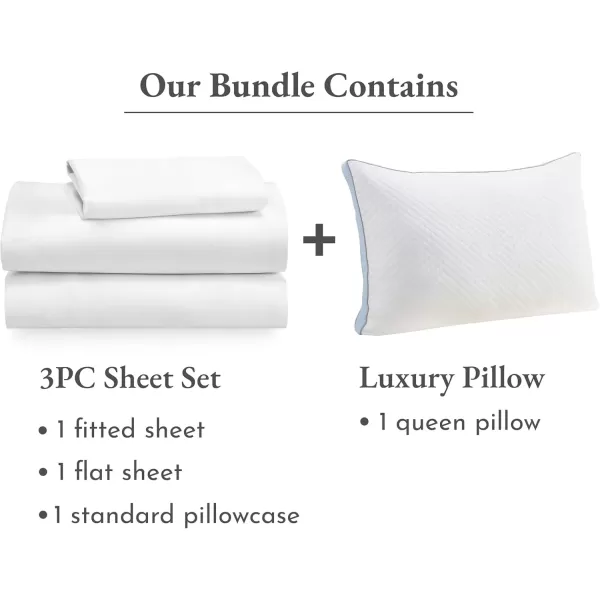 imageCalifornia Design Den 4 Piece Bedding Set  3 Piece Twin XL Sheet Set 100 Cotton Sateen with 1 Queen Luxury Pillow White