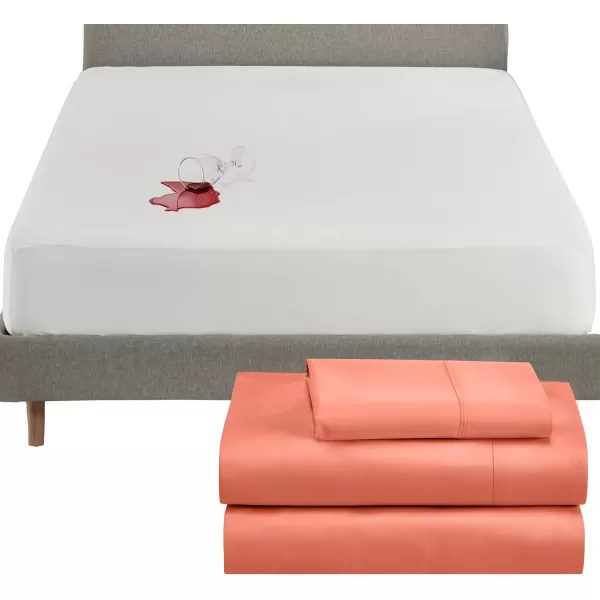 imageCalifornia Design Den 4 Piece Twin XL Size Sheet Set Bright Salmon and Waterproof Mattress Protector White Bundle  400 Thread Count 100 Cotton Sateen 3 Piece Sheet Set with 1 Mattress Protector