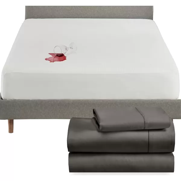 imageCalifornia Design Den 4 Piece Twin XL Size Sheet Set Grey and Waterproof Mattress Protector White Bundle  400 Thread Count 100 Cotton Sateen 3 Piece Sheet Set with 1 Mattress Protector