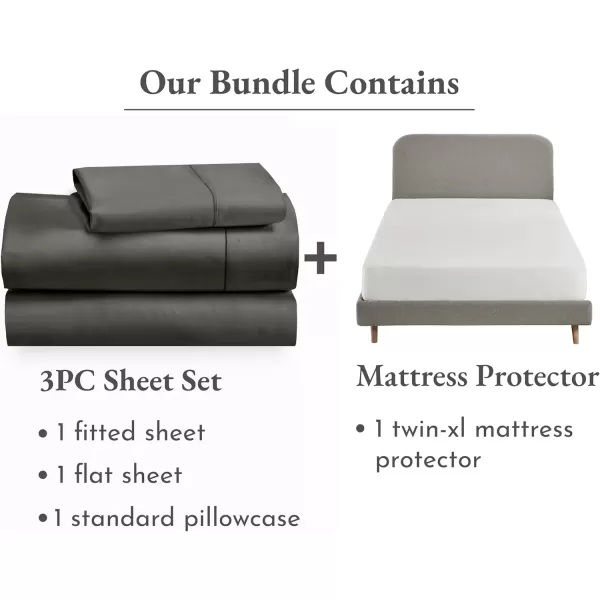 imageCalifornia Design Den 4 Piece Twin XL Size Sheet Set Grey and Waterproof Mattress Protector White Bundle  400 Thread Count 100 Cotton Sateen 3 Piece Sheet Set with 1 Mattress Protector