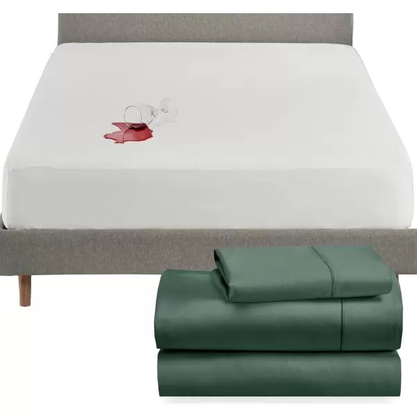 imageCalifornia Design Den 4 Piece Twin XL Size Sheet Set Hunter Green and Waterproof Mattress Protector White Bundle  400 Thread Count 100 Cotton Sateen 3 Piece Sheet Set with 1 Mattress Protector