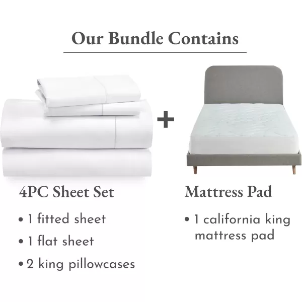 imageCalifornia Design Den 5 Piece Bedding Bundle  4 Piece Sheet Set 400 Thread Count 100 Cotton Sateen with 1 Mattress Pad Cal King White