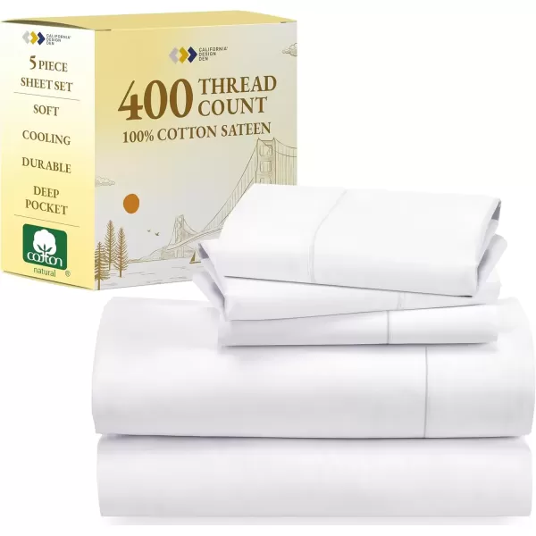 imageCalifornia Design Den 5 Piece Twin XL Size Sheet Set with 3 Pillowcases 400 Thread Count 100 Cotton Sateen White