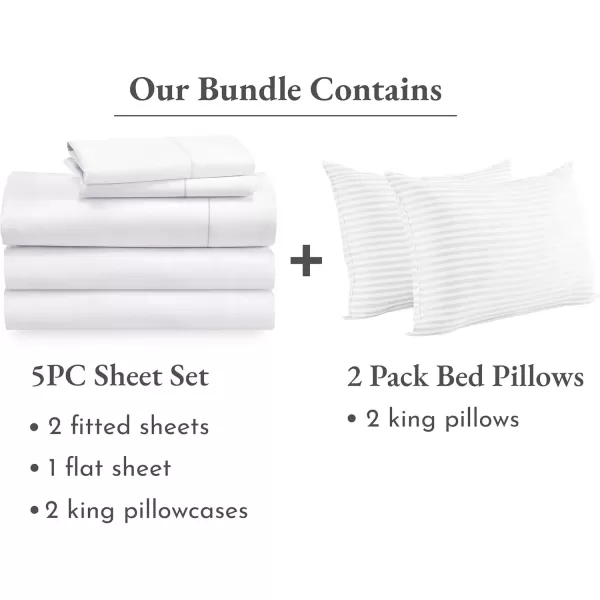imageCalifornia Design Den 7 Piece Bedding Bundle 5 Piece Split King Sheet Set 400 Thread Count 100 Cotton Sateen with 2 Pack King Size Bed Pillows White