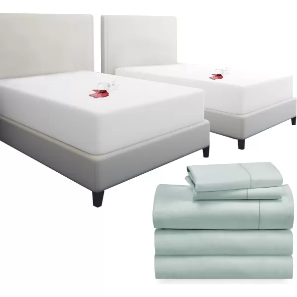imageCalifornia Design Den 7 Piece Split King Size Sheet Set Seafoam and Waterproof Mattress Protector White Bundle  400 Thread Count 100 Cotton Sateen 5 Piece Sheet Set with 1 Mattress Protector