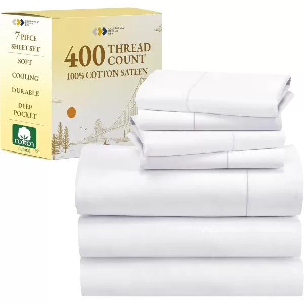 imageCalifornia Design Den 7 Piece Split King Size Sheet Set with 4 Pillowcases 400 Thread Count 100 Cotton Sateen White