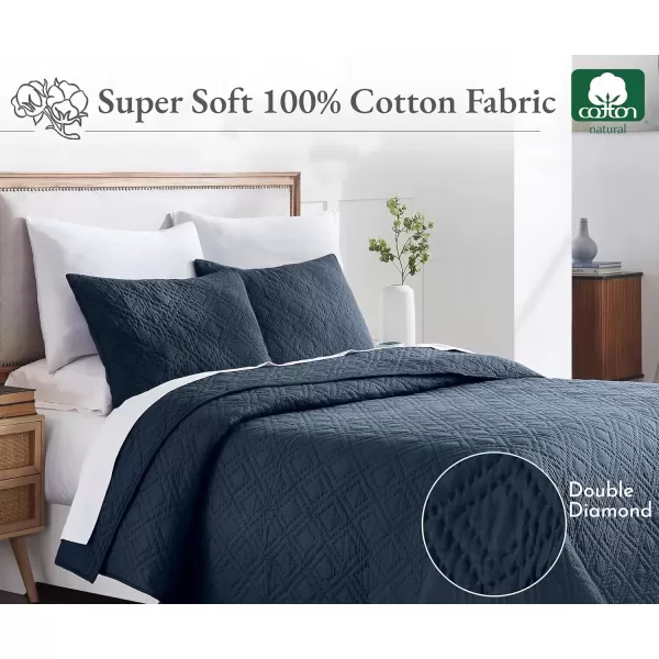 imageCalifornia Design Den HandQuilted King Size Quilt Set 100 Cotton Fabric 3 Piece King Size Navy Quilt Set Includes 2 Shams All Season Lightweight PreSoftened Diamond Pattern Navy