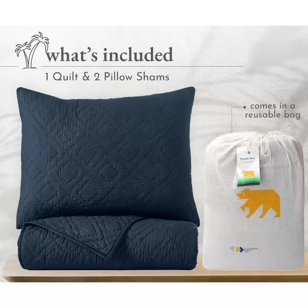imageCalifornia Design Den HandQuilted King Size Quilt Set 100 Cotton Fabric 3 Piece King Size Navy Quilt Set Includes 2 Shams All Season Lightweight PreSoftened Diamond Pattern Navy