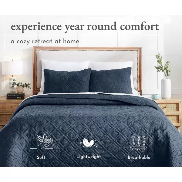 imageCalifornia Design Den HandQuilted King Size Quilt Set 100 Cotton Fabric 3 Piece King Size Navy Quilt Set Includes 2 Shams All Season Lightweight PreSoftened Diamond Pattern Navy