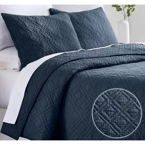 imageCalifornia Design Den HandQuilted King Size Quilt Set 100 Cotton Fabric 3 Piece King Size Navy Quilt Set Includes 2 Shams All Season Lightweight PreSoftened Diamond Pattern Navy