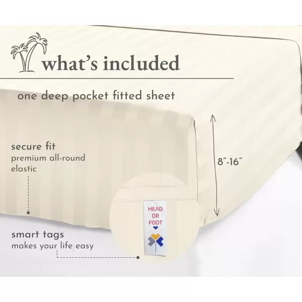 imageCalifornia Design Den Luxury Hotel Stripe Twin Fitted Sheet Soft 100 Cotton Cooling Sheets Sateen Weave Snug Fits All Mattresses Deep Pocket Bottom Sheet with Head Side ampamp Foot Side Tag  WhiteStripe  Ivory