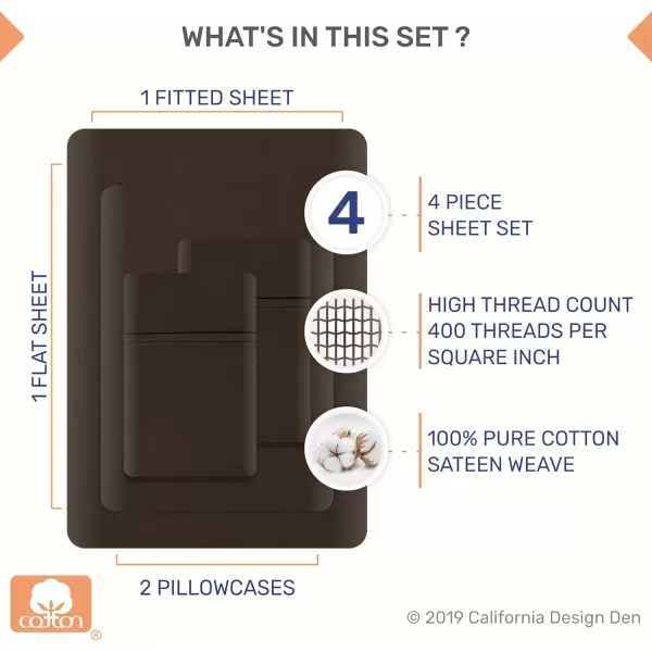 imageCalifornia Design Den Twin XL Sheets Set 400 Thread Count Sateen 100 Cotton Sheets Soft Luxury 3 Pc Dorm Rooms ampamp Adults Cooling Sheets Set Plaid SheetsChocolate Brown
