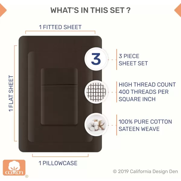 imageCalifornia Design Den Twin XL Sheets Set 400 Thread Count Sateen 100 Cotton Sheets Soft Luxury 3 Pc Dorm Rooms ampamp Adults Cooling Sheets Set Plaid SheetsChocolate Brown