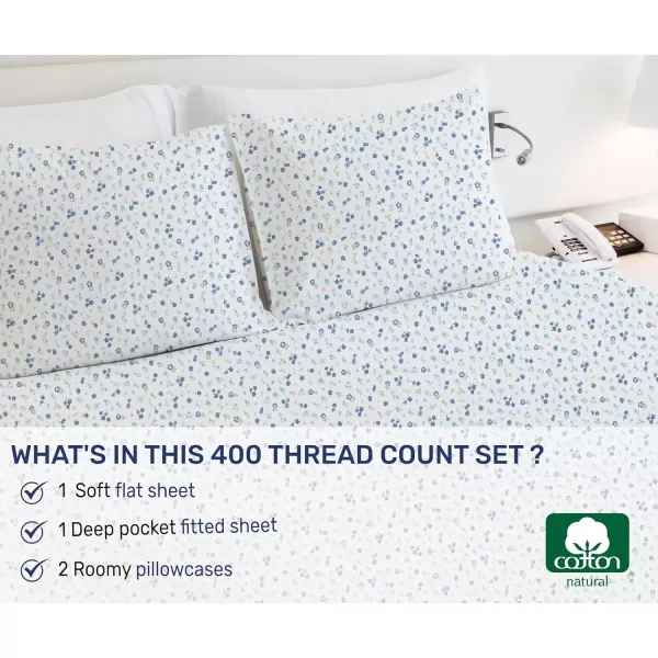 imageCalifornia Design Den Twin XL Sheets Set 400 Thread Count Sateen 100 Cotton Sheets Soft Luxury 3 Pc Dorm Rooms ampamp Adults Cooling Sheets Set Plaid SheetsPattern  Floral  WhiteBlues