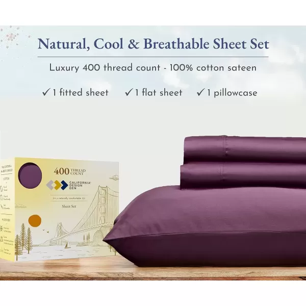 imageCalifornia Design Den Twin XL Sheets Set 400 Thread Count Sateen 100 Cotton Sheets Soft Luxury 3 Pc Dorm Rooms ampamp Adults Cooling Sheets Set Plaid SheetsSoft Plum