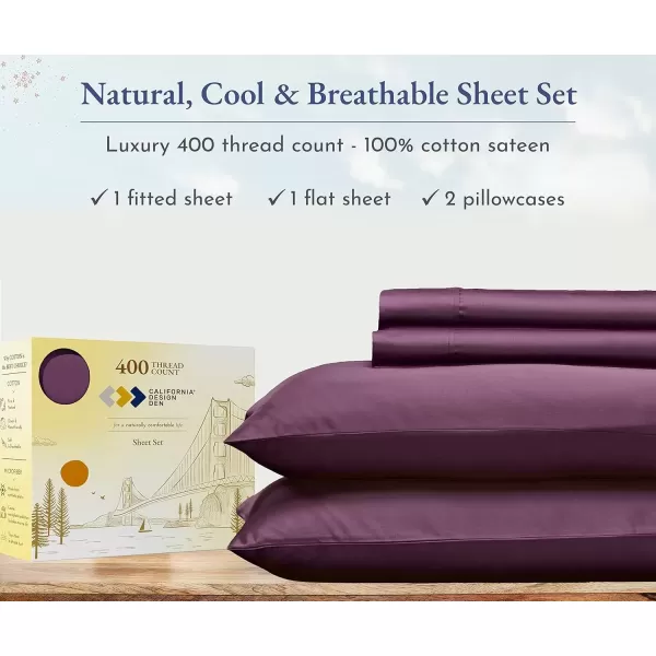 imageCalifornia Design Den Twin XL Sheets Set 400 Thread Count Sateen 100 Cotton Sheets Soft Luxury 3 Pc Dorm Rooms ampamp Adults Cooling Sheets Set Plaid SheetsSoft Plum