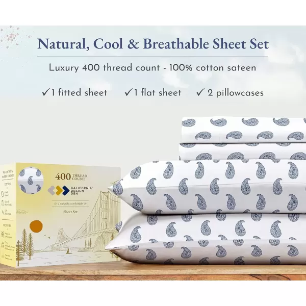 imageCalifornia Design Den Twin XL Sheets Set 400 Thread Count Sateen 100 Cotton Sheets Soft Luxury 3 Pc Dorm Rooms ampamp Adults Cooling Sheets Set Plaid SheetsPattern Paisley  WhiteNavy Blue