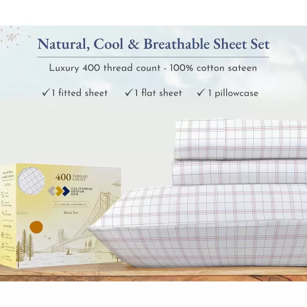 imageCalifornia Design Den Twin XL Sheets Set 400 Thread Count Sateen 100 Cotton Sheets Soft Luxury 3 Pc Dorm Rooms ampamp Adults Cooling Sheets Set Plaid SheetsPattern  Plaid