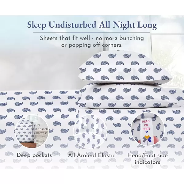 imageCalifornia Design Den Twin XL Sheets Set 400 Thread Count Sateen 100 Cotton Sheets Soft Luxury 3 Pc Dorm Rooms ampamp Adults Cooling Sheets Set Plaid SheetsPattern Paisley  WhiteNavy Blue