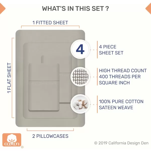imageCalifornia Design Den Twin XL Sheets Set 400 Thread Count Sateen 100 Cotton Sheets Soft Luxury 3 Pc Dorm Rooms ampamp Adults Cooling Sheets Set Plaid SheetsTaupe