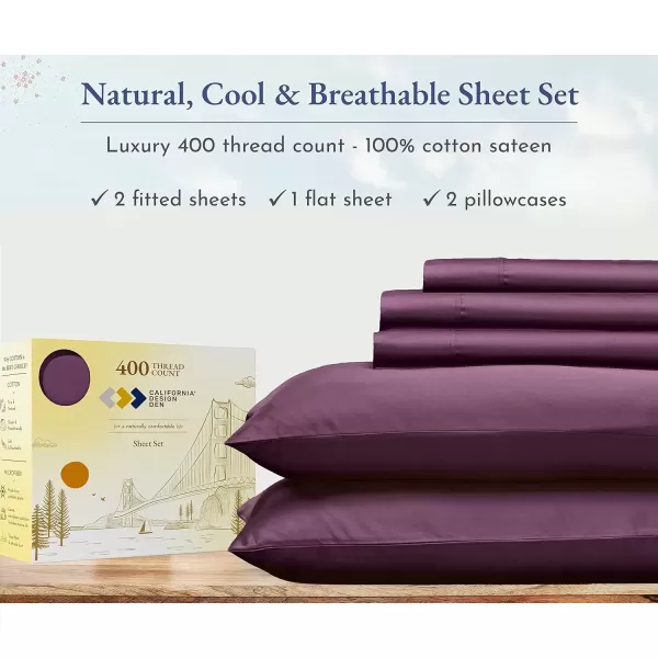 imageCalifornia Design Den Twin XL Sheets Set 400 Thread Count Sateen 100 Cotton Sheets Soft Luxury 3 Pc Dorm Rooms ampamp Adults Cooling Sheets Set Plaid SheetsSoft Plum