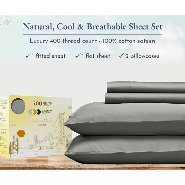 imageCalifornia Design Den Twin XL Sheets Set 400 Thread Count Sateen 100 Cotton Sheets Soft Luxury 3 Pc Dorm Rooms ampamp Adults Cooling Sheets Set Plaid SheetsSlate Gray