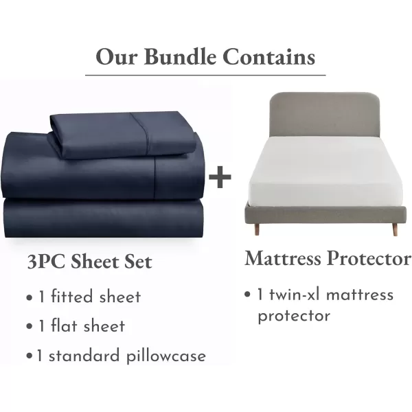 image4 Piece Twin XL Size Sheet Set Indigo Dusty Blue and Waterproof Mattress Protector White Bundle  400 Thread Count 100 Cotton Sateen 3 Piece Sheet Set with 1 Mattress Protector