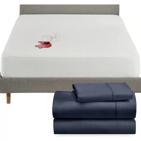 image4 Piece Twin XL Size Sheet Set Indigo Dusty Blue and Waterproof Mattress Protector White Bundle  400 Thread Count 100 Cotton Sateen 3 Piece Sheet Set with 1 Mattress Protector