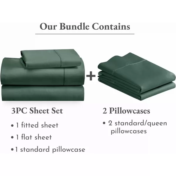 image5 Piece Twin XL Size Sheet Set with 3 Pillowcases 400 Thread Count 100 Cotton Sateen Hunter Green
