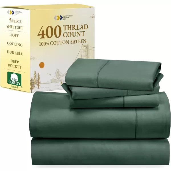 image5 Piece Twin XL Size Sheet Set with 3 Pillowcases 400 Thread Count 100 Cotton Sateen Hunter Green