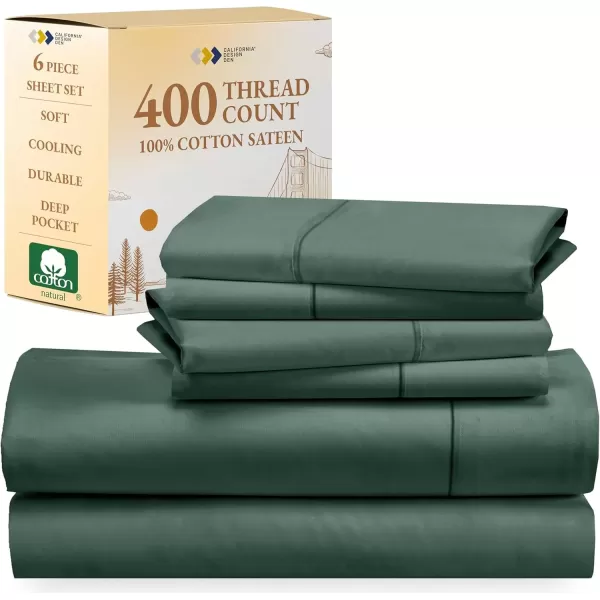 image6 Piece King Size Sheet Set with 4 Pillowcases 400 Thread Count 100 Cotton Sateen Hunter Green