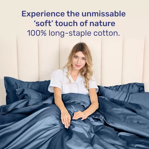 imageCalifornia Design Den 3 Piece King Size Duvet Cover Set 400 Thread Count 100 Cotton Sateen Soft Luxury Sateen Weave Comforter Cover and Two Pillow Shams Button Closure and Corner Ties WhiteKing04 Indigo Dusty Blue