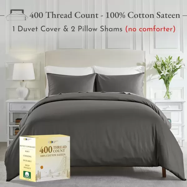 imageCalifornia Design Den 3 Piece King Size Duvet Cover Set 400 Thread Count 100 Cotton Sateen Soft Luxury Sateen Weave Comforter Cover and Two Pillow Shams Button Closure and Corner Ties WhiteKing05 Grey