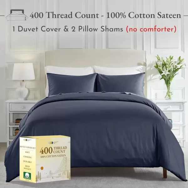 imageCalifornia Design Den 3 Piece King Size Duvet Cover Set 400 Thread Count 100 Cotton Sateen Soft Luxury Sateen Weave Comforter Cover and Two Pillow Shams Button Closure and Corner Ties WhiteKing04 Indigo Dusty Blue