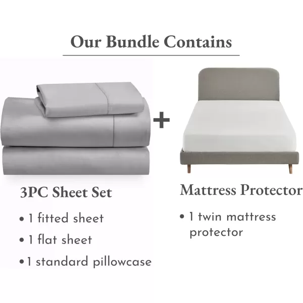 imageCalifornia Design Den 4 Piece Bedding Bundle  3 Piece Light Grey Sheet Set 400 Thread Count 100 Cotton Sateen with 1 White Mattress Protector  Twin