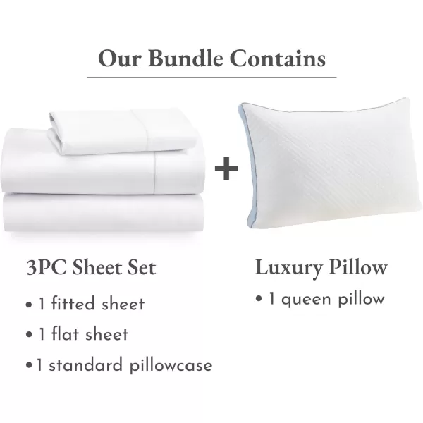 imageCalifornia Design Den 4 Piece Bedding Bundle  3 Piece Twin Sheet Set 400 Thread Count 100 Cotton Sateen with 1 Queen Size Luxury Pillow White