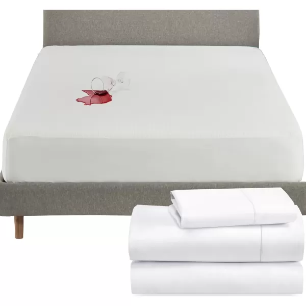 imageCalifornia Design Den 4 Piece Twin Size Sheet Set and Waterproof Mattress Protector Bundle  400 Thread Count 100 Cotton Sateen 3 Piece Sheet Set with 1 Mattress Protector White