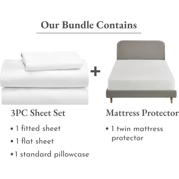 imageCalifornia Design Den 4 Piece Twin Size Sheet Set and Waterproof Mattress Protector Bundle  Soft 100 Cotton Sateen 3 Piece Sheet Set with 1 Mattress Protector White