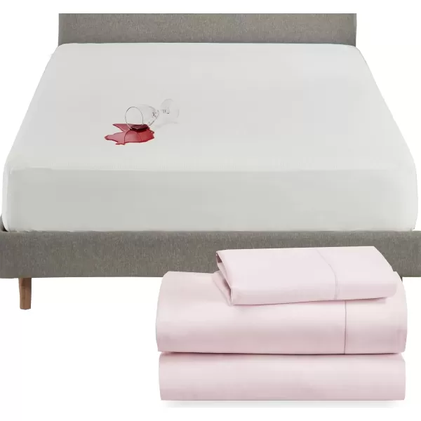 imageCalifornia Design Den 4 Piece Twin XL Size Sheet Set Pink and Waterproof Mattress Protector White Bundle  400 Thread Count 100 Cotton Sateen 3 Piece Sheet Set with 1 Mattress Protector