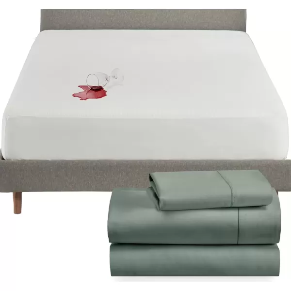 imageCalifornia Design Den 4 Piece Twin XL Size Sheet Set Sage Green and Waterproof Mattress Protector White Bundle  400 Thread Count 100 Cotton Sateen 3 Piece Sheet Set with 1 Mattress Protector