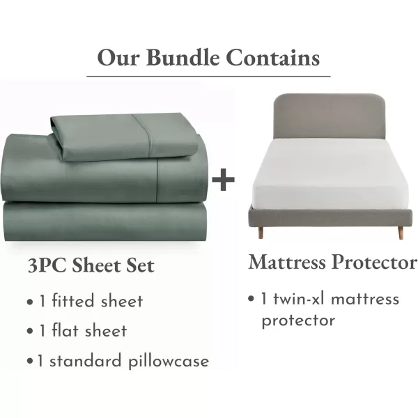 imageCalifornia Design Den 4 Piece Twin XL Size Sheet Set Sage Green and Waterproof Mattress Protector White Bundle  400 Thread Count 100 Cotton Sateen 3 Piece Sheet Set with 1 Mattress Protector