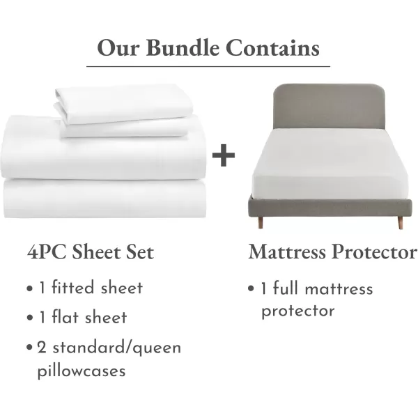 imageCalifornia Design Den 5 Piece Full Size Sheet Set and Waterproof Mattress Protector Bundle  600 Thread Count 100 Cotton Sateen 4 Piece Sheet Set with 1 Mattress Protector White