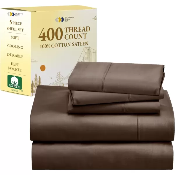 imageCalifornia Design Den 5 Piece Twin Size Sheet Set with 3 Pillowcases 400 Thread Count 100 Cotton Sateen Chocolate Rich Brown