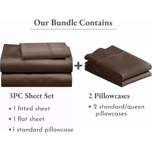 imageCalifornia Design Den 5 Piece Twin Size Sheet Set with 3 Pillowcases 400 Thread Count 100 Cotton Sateen Chocolate Rich Brown