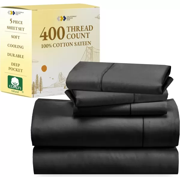 imageCalifornia Design Den 5 Piece Twin XL Size Sheet Set with 3 Pillowcases 400 Thread Count 100 Cotton Sateen Black