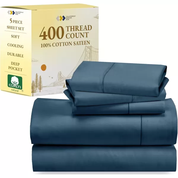 imageCalifornia Design Den 5 Piece Twin XL Size Sheet Set with 3 Pillowcases 400 Thread Count 100 Cotton Sateen Peacock Blue