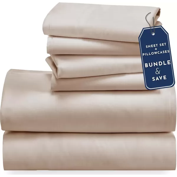 imageCalifornia Design Den 6 Piece Full Size Sheet Set with 4 Pillowcases  Soft 100 Cotton Sateen Beige