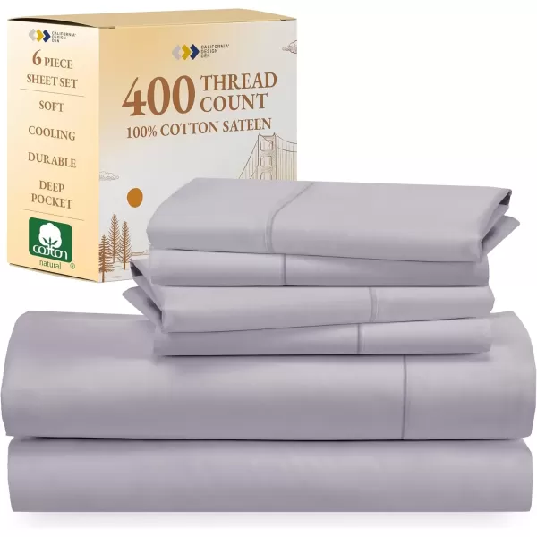 imageCalifornia Design Den 6 Piece Full Size Sheet Set with 4 Pillowcases 400 Thread Count 100 Cotton Sateen Lavender Gray